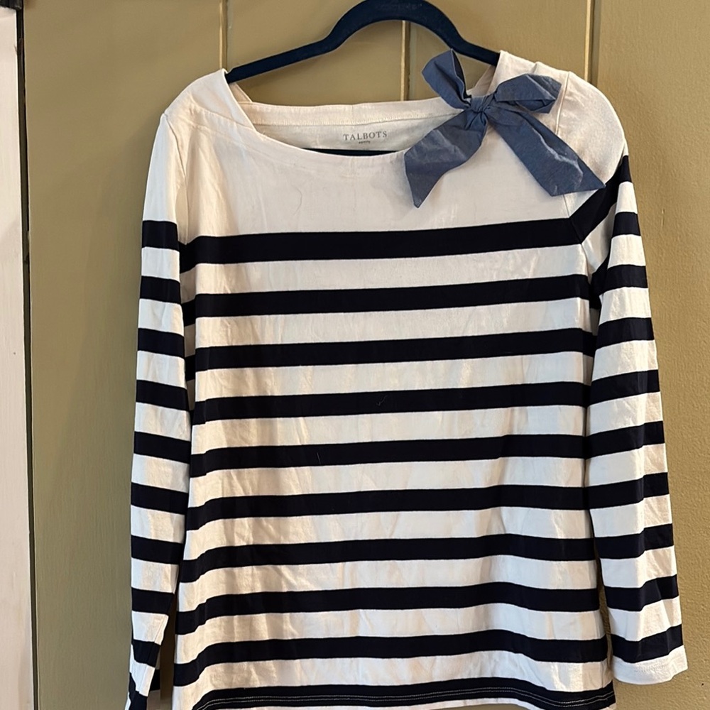 Talbots Navy and White Striped Top with Bow